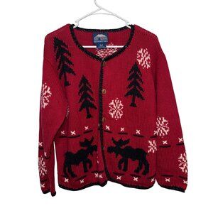 Rey Wear Hand-Knitted Red Cardigan Sweater Moose Tree Pattern Med. 100% Cotton